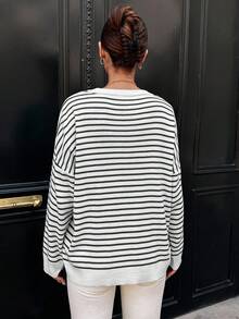 EURMUSE Women's Casual Colorblock Striped Drop Shoulder Sweater, Autumn/Winter - Hijau Tentara - View 2
