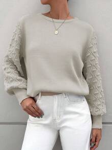 SHEIN Cottnline Women's Solid Color Lantern Sleeve Sweater - Apricot - View 3
