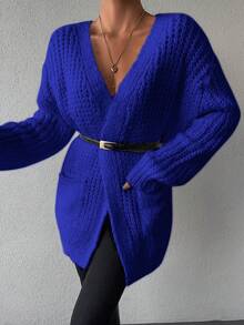 EURMUSE Solid Color Pocket Loose Comfortable Cardigan - Navy Blue - View 4