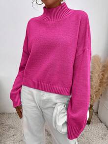 EURMUSE Mock Neck Drop Shoulder Sweater - Hot Pink - View 5