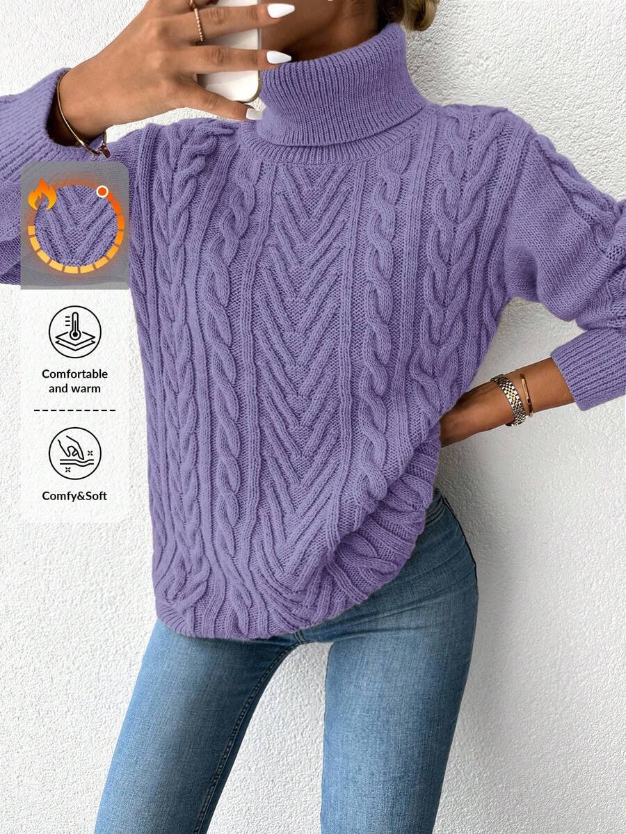 EURMUSE Turtleneck Cable Knit Drop Shoulder Sweater - Purple - View 1