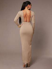 Silquee 女式基本款吊带裙，性感露背，腰部褶饰，亲肤，长袖，及地长裙 - 卡其色 - 查看 8