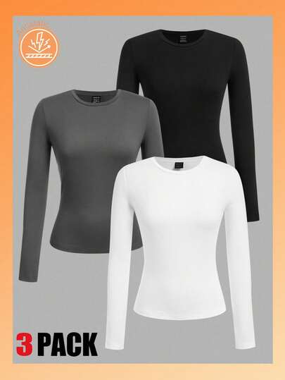 SHEIN EZwear T-shirt décontracté polyvalent à manches longues, col rond et épaules tombantes, couleur unie, grande taille pour femmes