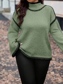 Vionelle 大码女式针织套头衫，优雅时尚拼色宽松休闲百搭上衣，秋冬 - 綠色 - 查看 5