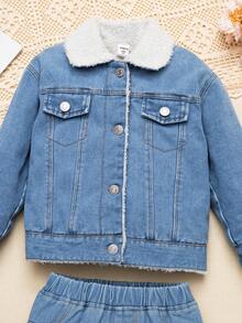 Young Girls Denim Set, Collar Fur Trim Long Sleeve Denim Jacket And Skirt, Autumn/Winter - Blue - View 6