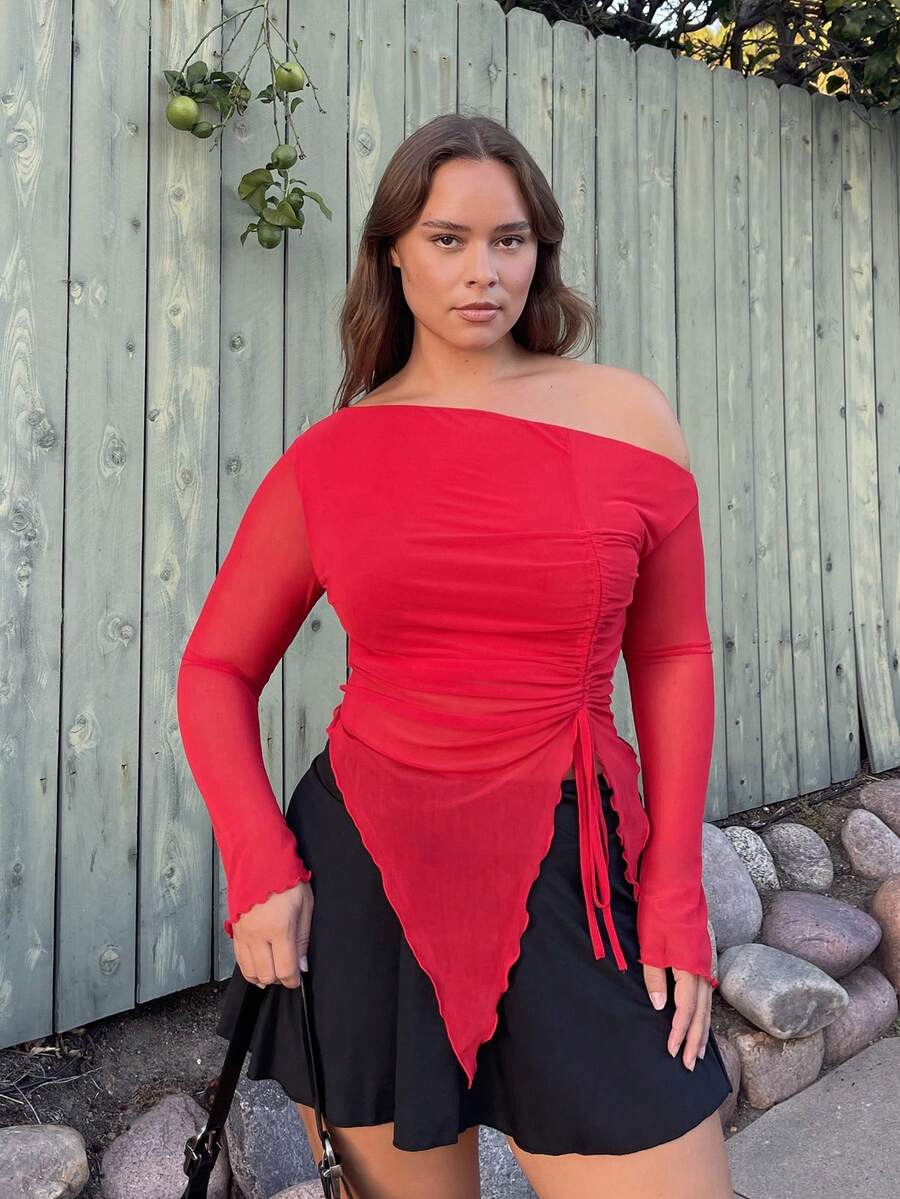 Nezia Cruz Plus Size Women Summer Mesh Bow Blouse, Elegant Holiday Party, Suitable For Birthday And Valentine's Day - Red - View 1