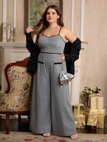 SHEIN MOD Plus Size Retro Elegant Contrast Color Trim Black & White Houndstooth Jumpsuit. Outfit - Black and White - View 5