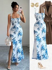 Elenzga 新款女式细肩带蝴蝶结腰部褶饰下摆开衩设计连衣裙，适合约会、派对、日常穿着，优雅迷人 - 藍白色 - 查看 1