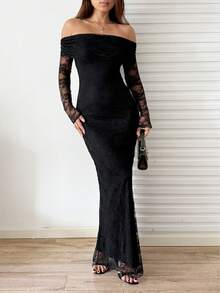 Sunnyshic Elegant Solid Color Lace Off-Shoulder Wedding Christmas Party Dress - Black - View 3