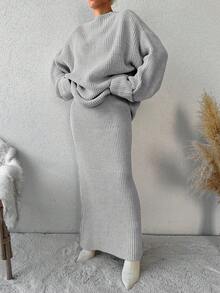 EURMUSE Women's Solid Color Knitted Sweater 2pcs/set (without Belt) - Light Grey - View 5