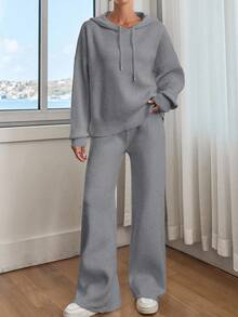 EURMUSE Conjunto de sudadera con capucha de hombros caídos y pantalones de unicolor para mujer - Gris - Ver 6