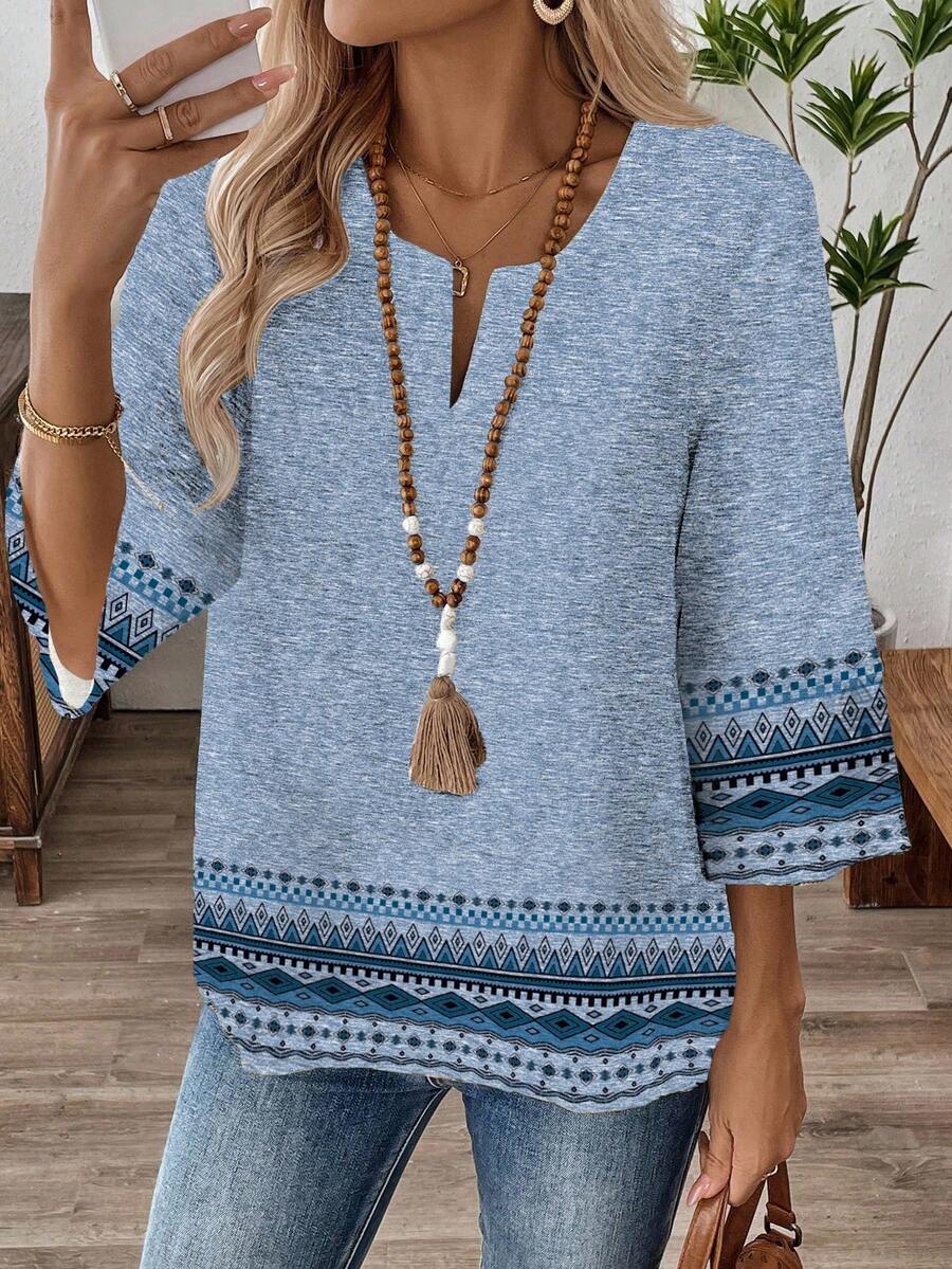 EMERY ROSE Women's 3/4 Sleeve V-Neck Work Blouse, Spring/Autumn New Year Party - Blue - View 1