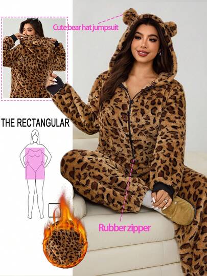 Solflare Plus Size Women's New Plush Leopard Print Hooded Loose Jumpsuit Hooded Pajamas Fuzzy Pajamas Leopard Print Loungewear