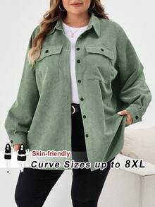 SHEIN CURVE+ 大码女式休闲纽扣长袖纯色夹克大码灯芯绒衬衫 8xl 女装大码大码衬衫曲线衬衫 6xl 加大女装，秋季女装冬季秋装/秋冬 - 綠色 - 查看 1