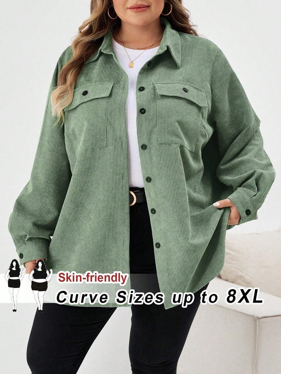 SHEIN CURVE+ 大码女式休闲纽扣长袖纯色夹克大码灯芯绒衬衫 8xl 女装大码大码衬衫曲线衬衫 6xl 加大女装，秋季女装冬季秋装/秋冬 - 綠色 - 查看 1