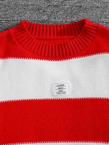 SHEIN Tween Boy 条纹贴花圆领长袖毛衣 - 紅白色 - 查看 5