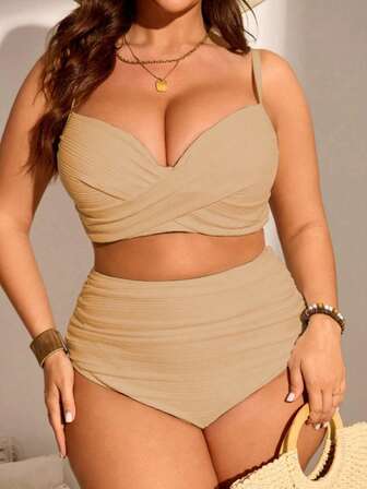 SHEIN Swim Curve Plus Size Women 2pcs Solid Color Gather Spaghetti Strap Tankini Swimsuit Set, Fashionable & Minimalist, Suitable For Vacation