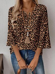 EMERY ROSE 女式休闲豹纹 V 领 3/4 袖工作衬衫，春秋季 - 彩色 - 查看 3
