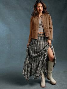 WESTFADE 夏季牛仔扇贝边修身长袖牛仔夹克 - 棕色 - 查看 2