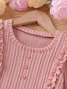 Set de 2 piezas Estilo coreano dulce y lindo para niñas pequeñas: Blusa de manga larga con cuello de volantes texturado + Pantalones vaqueros rectos con decoración de lazo bordado, adecuado para vacaciones, viajes, vuelta al colegio, primavera/otoño/invierno