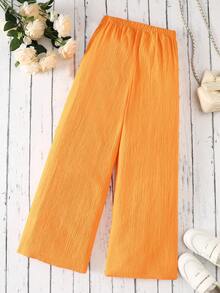 Girls' Vacation Casual All-Match Loose & Comfortable Wide Leg Pants, Textured Apricot Fabric, Spring/Summer New, Matching With Sister And Mom,Holiday,Summer,Travel - Yellow - View 2