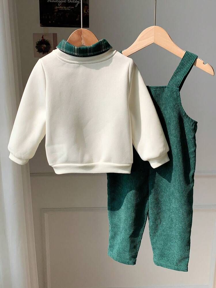 SHEIN 2pcs/Set Baby Boy Thermal Lined Beige Sweatshirt & Green Corduroy Plaid Overalls Set, Comfortable Versatile Fashionable Casual Basic Style, Suitable For Indoor, Outdoor Skiing, Daily Wear, Sports, Play, Party, Photography In Autumn/Winter - Green - View 2