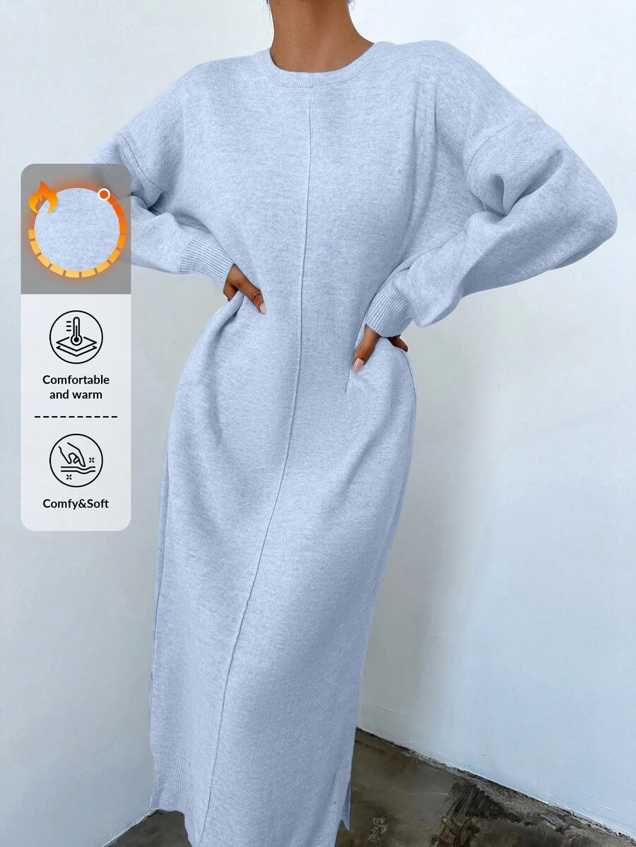 EURMUSE Women's Casual Round Neck Loose Fit Drop Shoulder Sweater Dress - Baby Blue - View 1