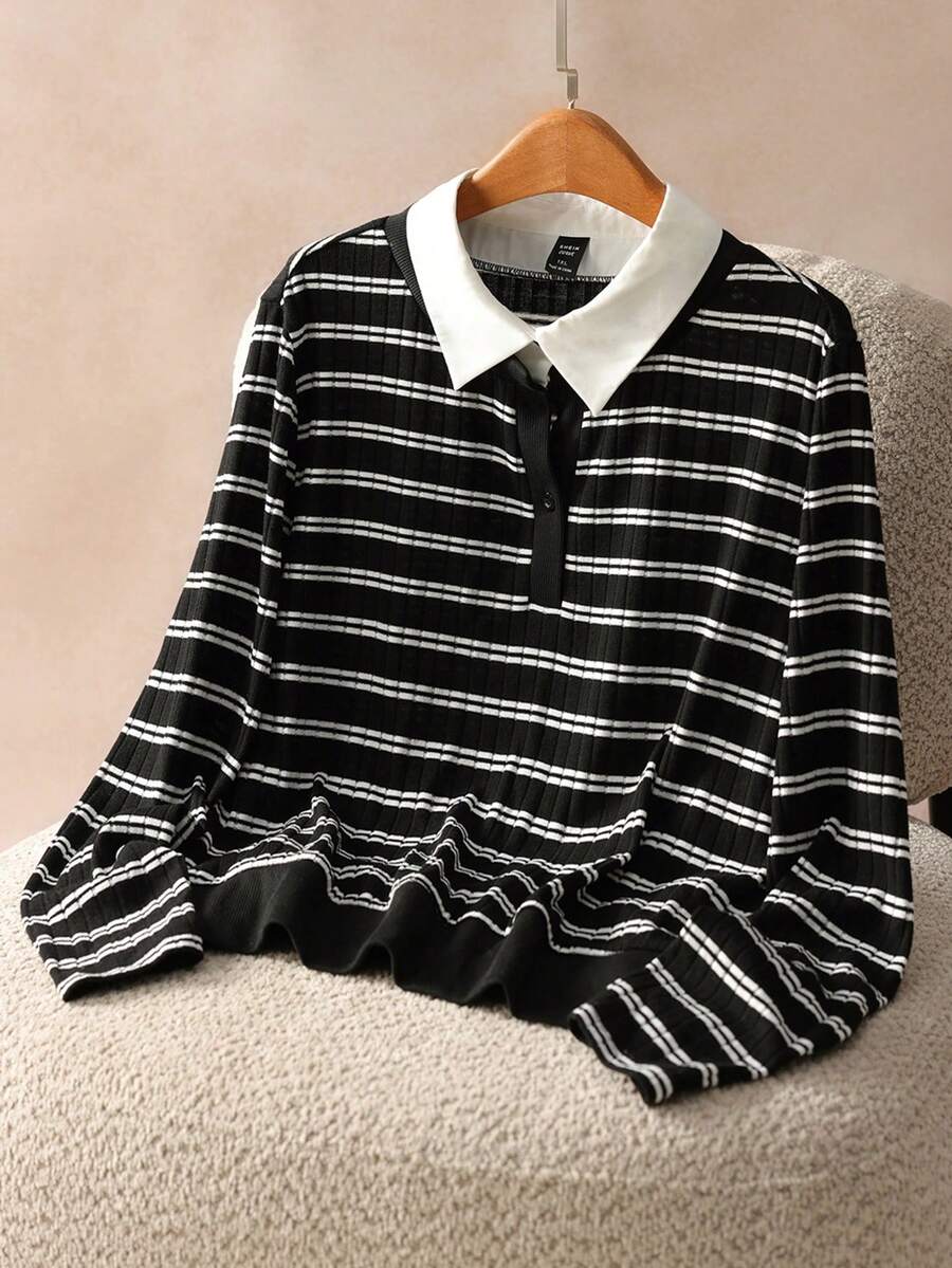 Elaquor Plus Size Women Polo Collar Long Sleeve Striped Casual T-Shirt, Autumn - Black and White - View 1