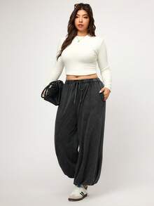 Elaquor Plus Size Casual Drawstring Waist Loose Tapered Pants, Autumn - Black - View 1