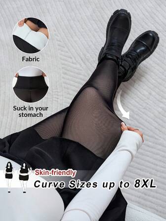 SHEIN CURVE+ Plusstorlekar midjekontrollerade svarta ullstrumpbyxor med meshfoder för höst och vinter