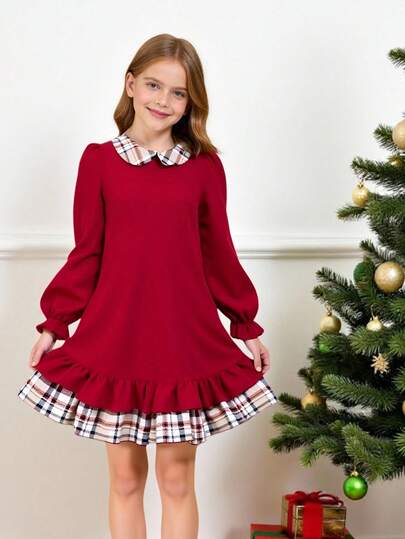 青少年女孩彼得潘领泡泡袖荷叶边下摆连衣裙