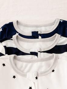 3pcs Baby Boy Soft & Comfortable Striped & Star Print Zipper Jumpsuit, Long Sleeve & Pants Homewear Set
