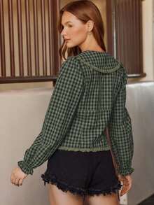 WESTFADE Women Gingham Collar Button Front Fitted Long Sleeve Shirt Cute Fall Country Concert - Olive Green - View 2