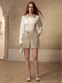 MOTF PREMIUM WOMEN'S ASYMMETRIC METAL BUCKLE DECOR VERSATILE SHORTS - Khaki - View 6