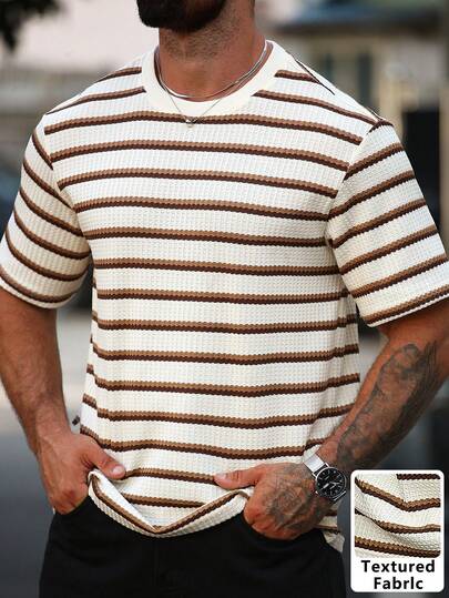 Manfinity CasualCool Camiseta de cuello redondo de manga corta con rayas jacquard de colores para hombre, casual para vacaciones, cenas, hogar, oficina, diseño simple y versátil, gran regalo para novio o esposo