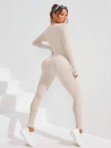 Seamluxe SHEIN Sport Bộ đồ liền thân cổ vuông dài tay màu trơn có gân dành cho nữ - Màu Khaki - Xem 2