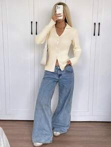 SHEIN EZwear 秋季新款奶油黄色V领修身女士开衫 - 米色 - 查看 6