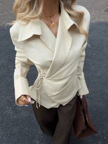 Siren Gaze Women's Casual Solid Color Minimalist Cinched Waist Long Sleeve Shirt, Autumn/Winter Asymmetrical Blouse Women Blouses Elegant  Waist Tie Long Sleeve Shirt