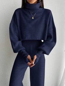 EURMUSE 2pcs Women Plain High Collar Long Sleeve Top And Pants Set - Navy Blue - View 6