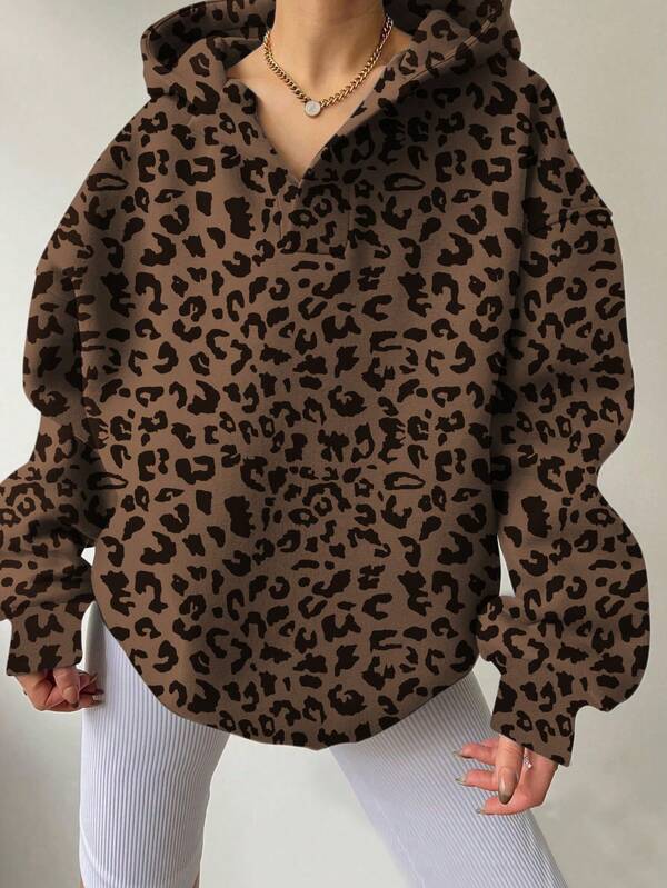 INAWLY Damska bluza z kapturem i nadrukiem w panterkę, swobodna, jesień/zima