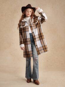 女童休闲舒适简约日常百搭保暖连帽夹克，带口袋和纽扣，秋冬 - 棕色 - 查看 4