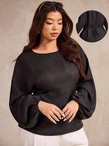 Elegantrix Blusa casual francesa de cuello redondo, cintura ceñida y mangas abullonadas para mujer de talla grande, otoño/invierno - Negro - Ver 1