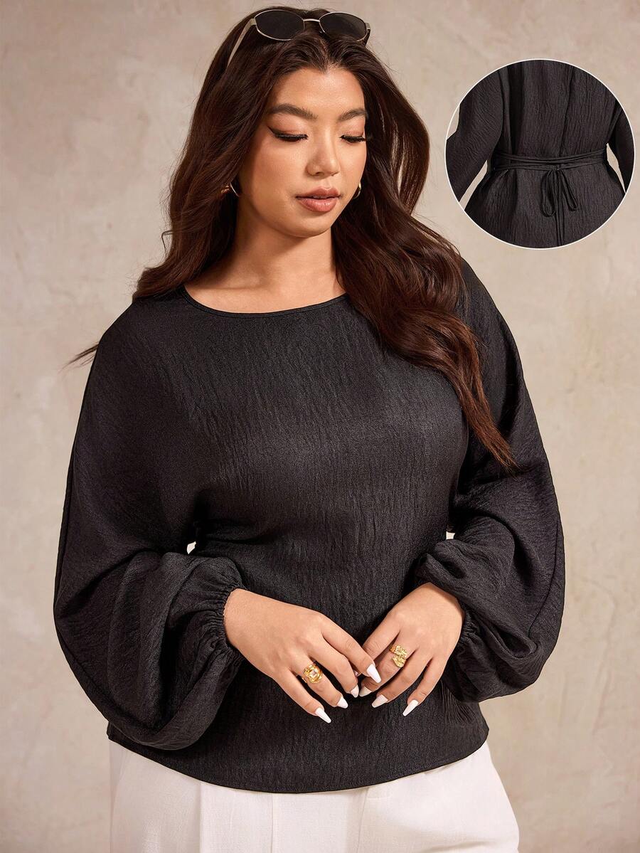 Elegantrix Blusa casual francesa de cuello redondo, cintura ceñida y mangas abullonadas para mujer de talla grande, otoño/invierno - Negro - Ver 1