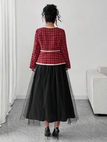 Elenzga Plus Size Women's Elegant Plaid Patchwork Ruffle Jacket And Tulle Pom Pom Princess Skirt 2 Pieces Set,Black And Red Autumn Formal Party Outfits - Multicolor - View 2