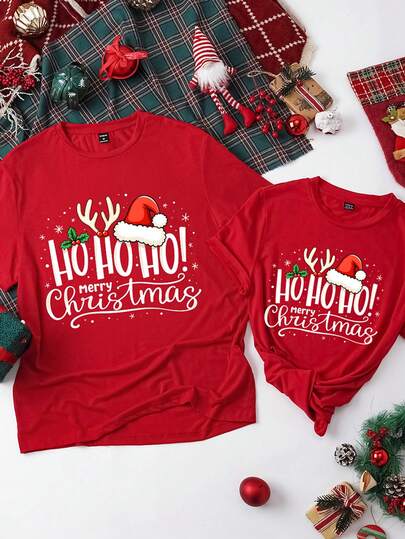Manfinity Joysei Herren einfaches Weihnachts-Buchstaben-Muster T-Shirt, Weihnachts-Shirt, geeignet für Familienzusammenkünfte, Freundschaftsgeschenke, Weihnachts-Partnerlook, Weihnachts-Shirt mit "Ho Ho Ho" Aufdruck