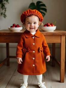 SHEIN 1pc Baby Girls Autumn/Winter New Cute Peter Pan Collar Loose Fit Long Sleeve Front Bow Cardigan Coat + Beret Hat Set, Elegant And Versatile - Coffee Brown - View 3