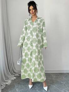 Al Najma 全印花开叉优雅长袖阿拉伯连衣裙 - 薄荷綠 - 查看 6