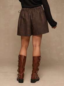 Freevana Plus Size Solid Color Twist Wrap Casual Shorts Brown Shorts Women Brown Leather Skirt Boho/Winter