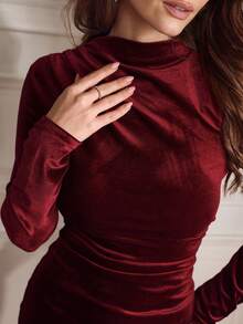 Louniche Women Elegant Velvet Asymmetric Ruffle Split Hem Dress Burgundy Maxi Women Outfit Fall Cloth For Women - Burgundy - View 7