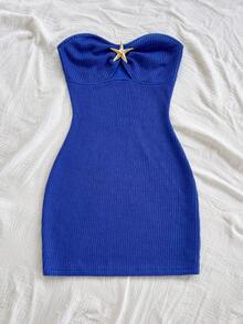 Soleia 秋冬新款女装度假、返校、休闲度假、海滩、婚礼宾客装、毕业典礼、早午餐礼服、圣帕特里克节、复活节、音乐节服装、情人节服装、派对、下午茶、优雅、波西米亚、热带、优雅、复古蓝色仿皮草针织纹理露肩胸部镂空褶饰金属海星装饰紧身迷你连衣裙 - 寶藍色 - 查看 5